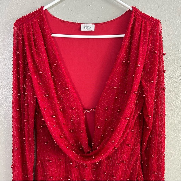 Oh Polly Deep Plunge Fully Beaded Red Long Sleeve Cowl Neck Mini Dress 8 Holiday - Picture 3 of 13